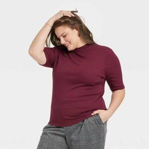 Women's Plus Size Elbow Sleeve Mock Turtleneck T-Shirt - A New Day Burgundy 1X